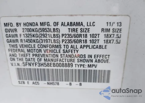 2014 Honda Pilot Ex-L z USA, uszkodzony, nr VIN 5FNYF3H58EB008889